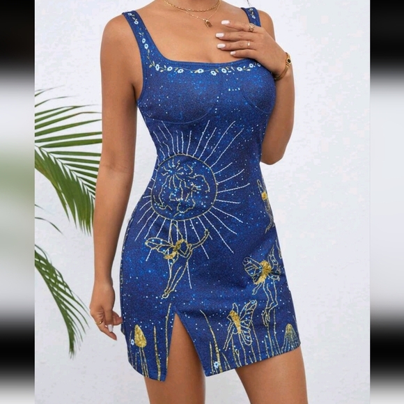 Women's Bodycon Knit Printed Spaghetti Strap Split Hem Mini Dress - Picture 5 of 5